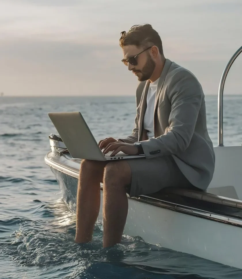 hombre con portatil en barco